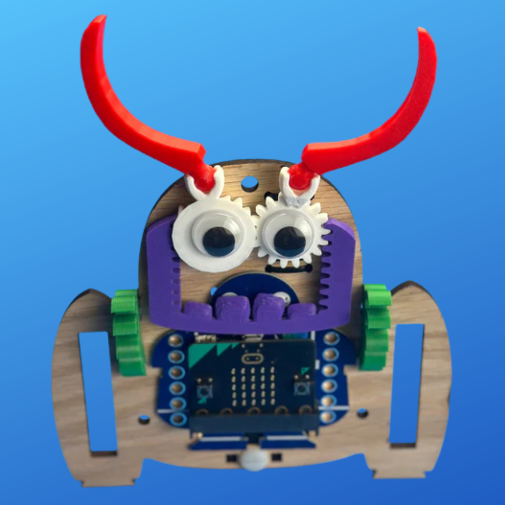 Very Useful Monsters Robotic Workshop Kit featuring the GabbE robot model with googly eyes on a blue background.
